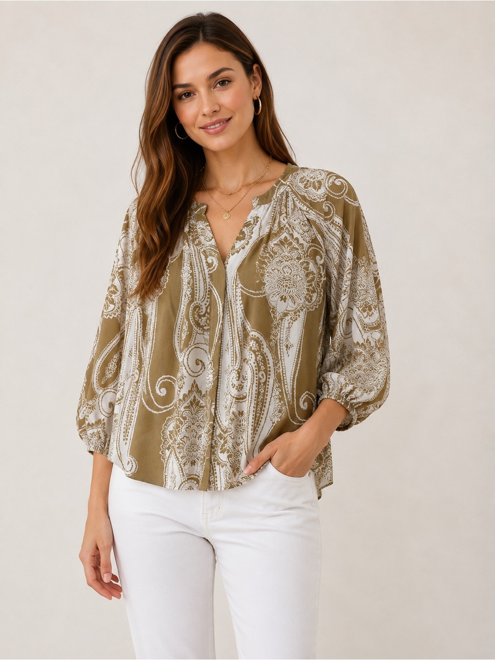 Nautica Olive and White Paisley Peasant Blouse